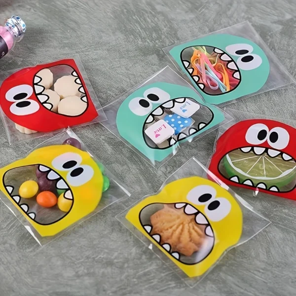100pcs Cute Cartoon Monster Self-Adhesive Treat Bags for Cookies & Candy