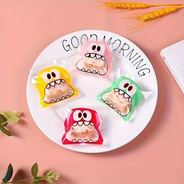 100pcs Cute Cartoon Monster Self-Adhesive Treat Bags for Cookies & Candy