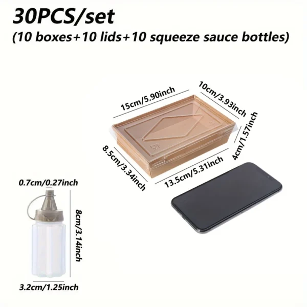 30pcs Kraft Lunch Box Set – Boxes, Lids & Sauce Bottles