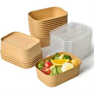 25oz Kraft Paper Meal Prep Containers with Lids - 25 Pack, Rectangular Disposable Food Bowls